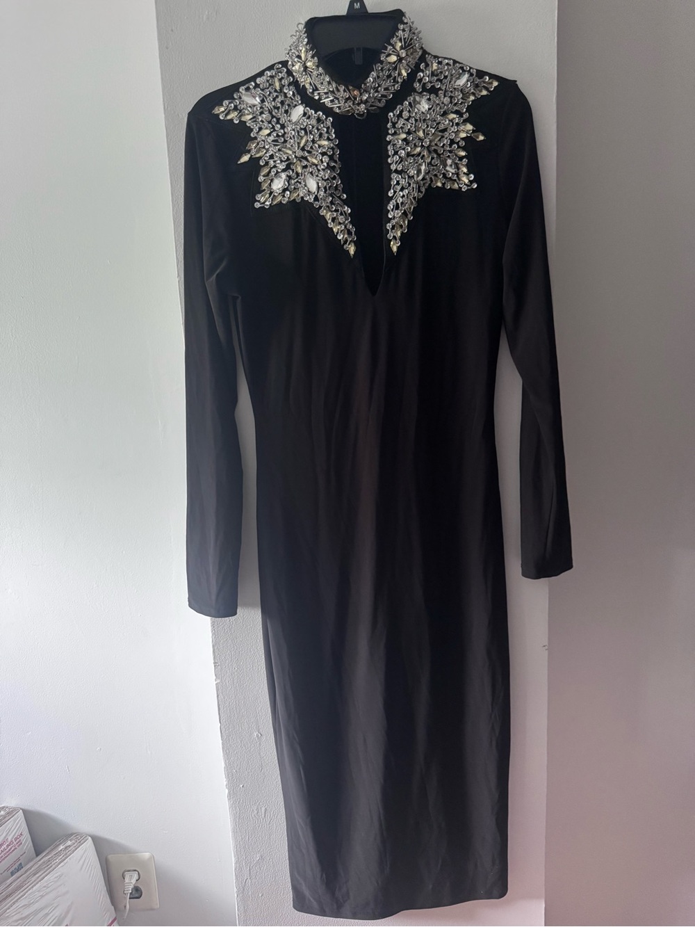 Hot Miami Styles Black Midi Dress with Crystal Embellished Collar